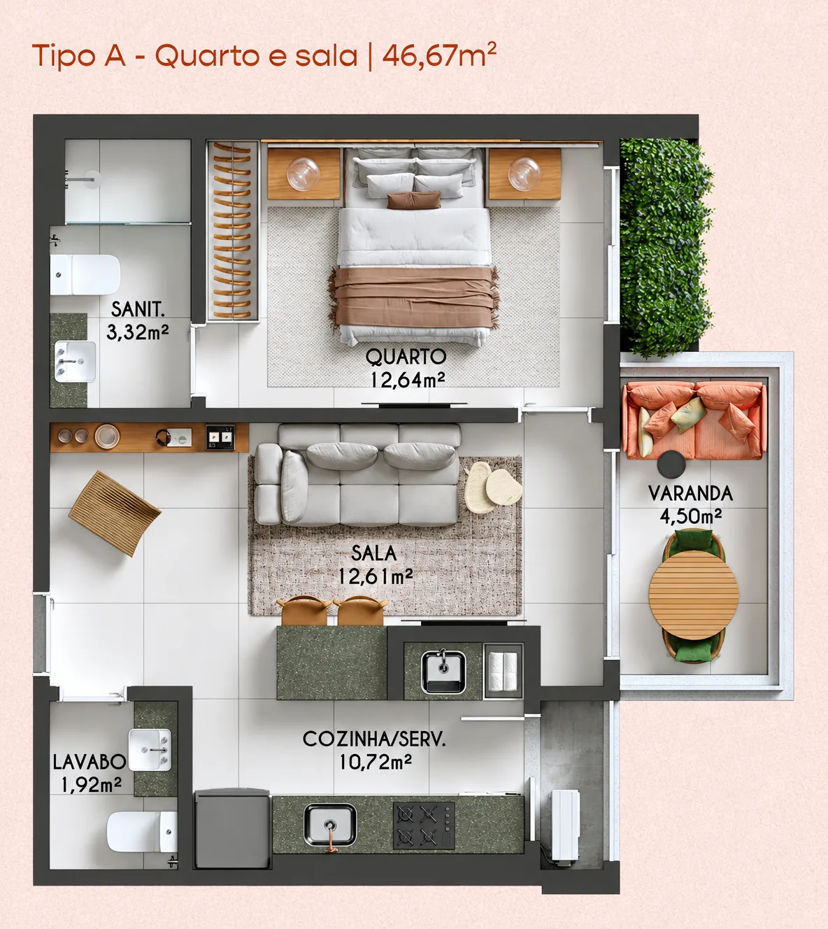 Planta de 46,67 m² do Gal