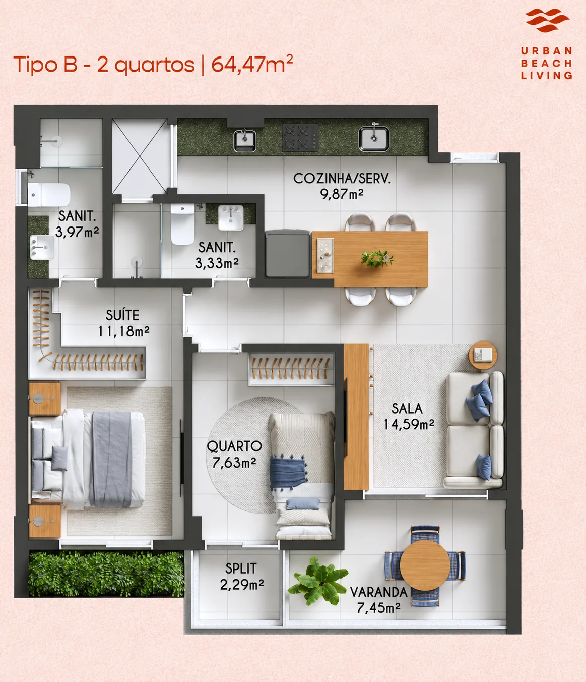 Planta de 64,47 m² do Gal