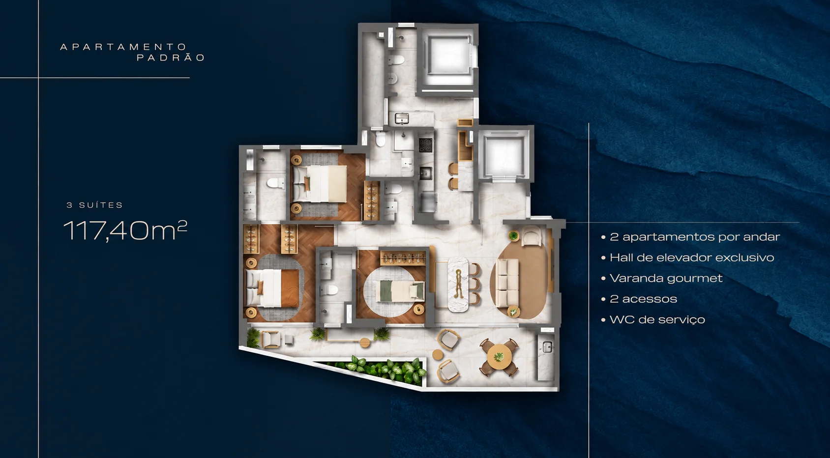 Planta padrão 117,40 m² com 3 suítes