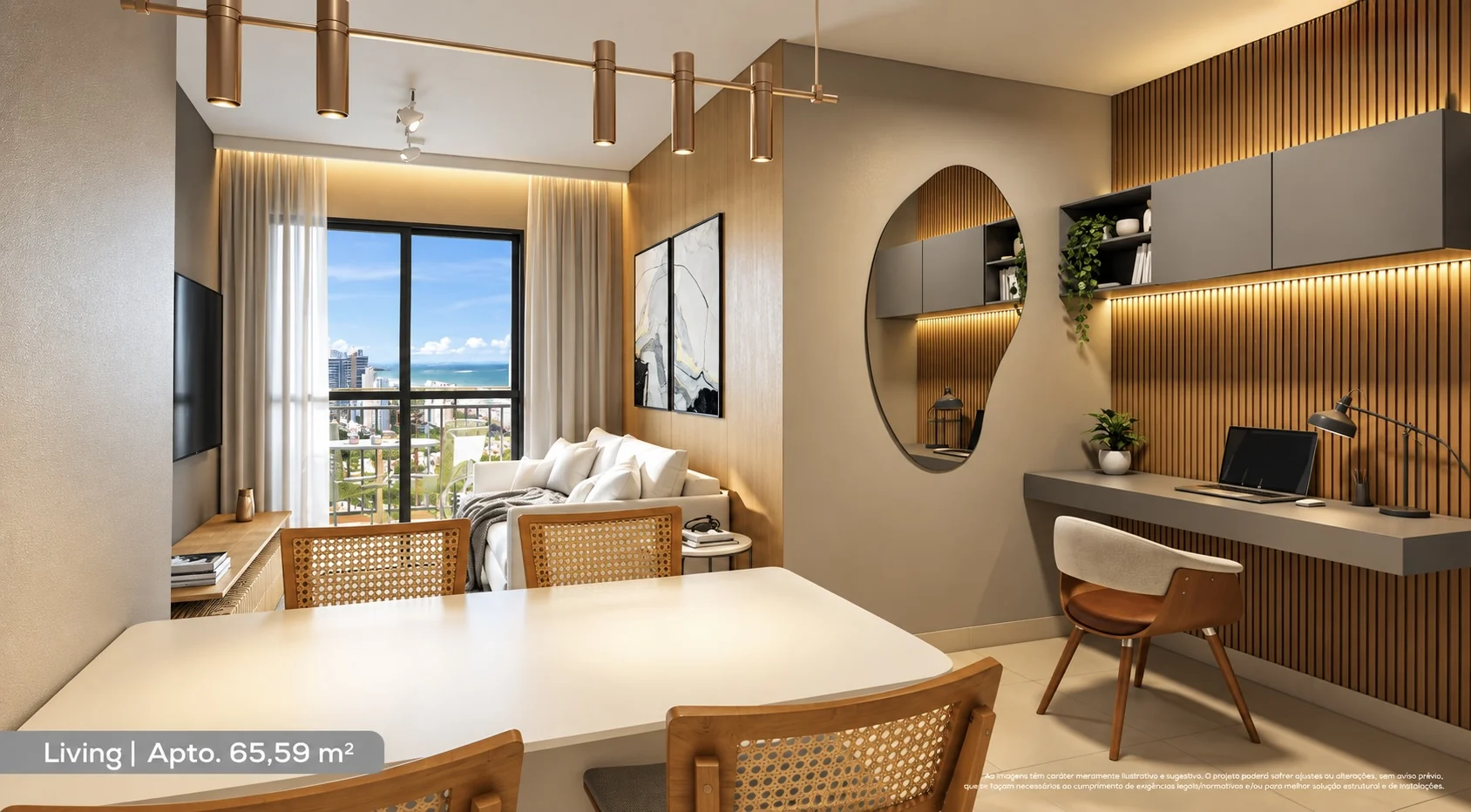 Render interno do apartamento de 65,59 m²