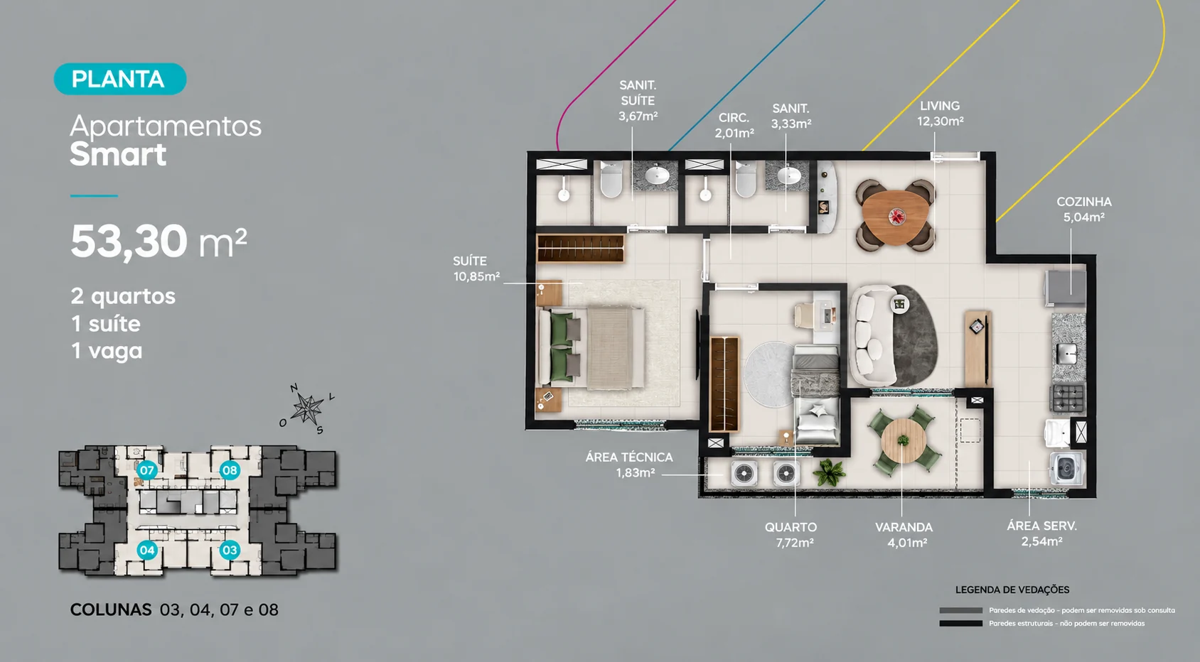 Planta de 53,30 m² com 2 quartos
