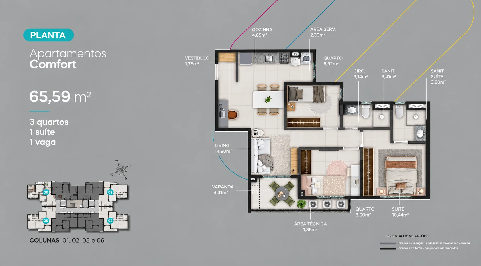 Planta de 65,59 m² com 3 quartos