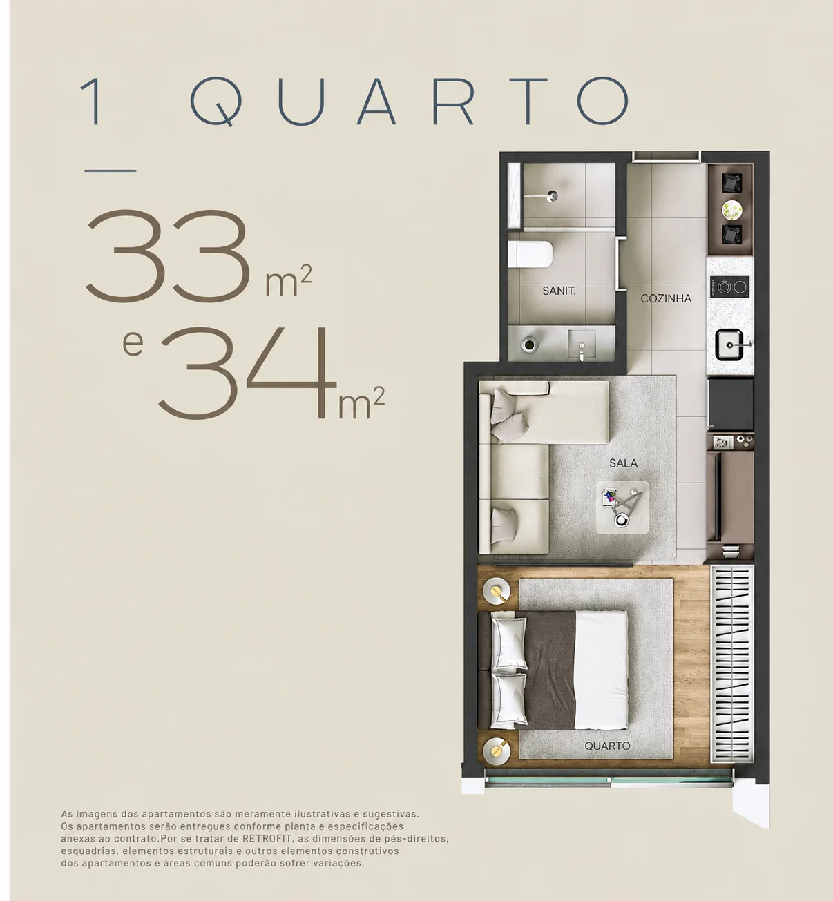 Planta de 1 quarto, 33 e 34 m²
