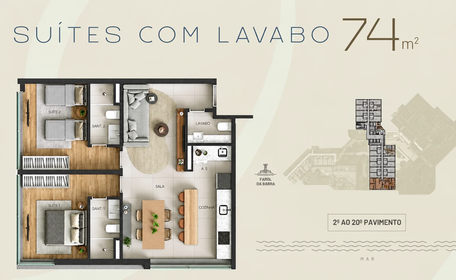 Planta de 2 quartos, 74 m²